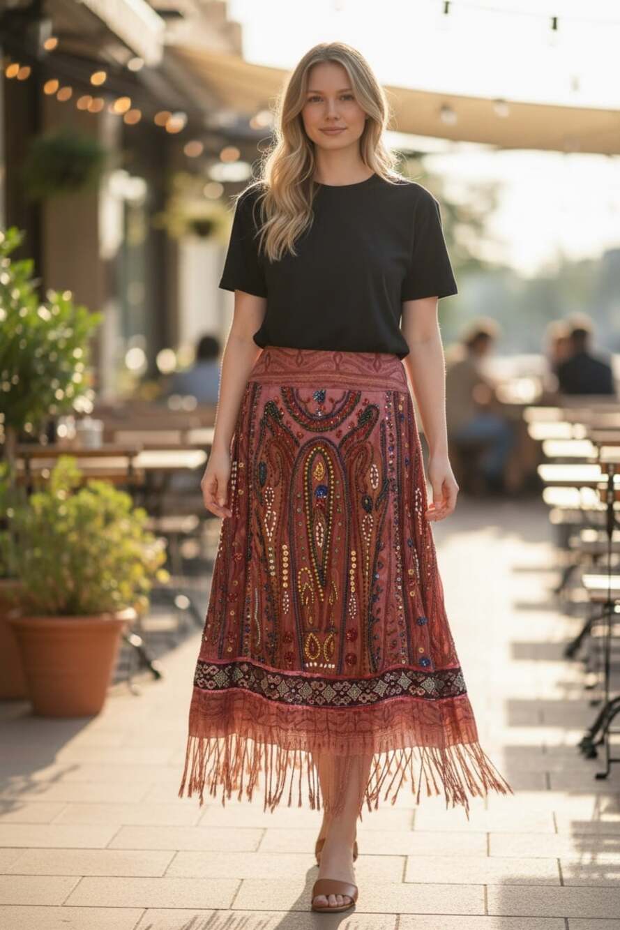 Edge Pink Paisley Beaded & Embroidered Fringe Boho Skirt